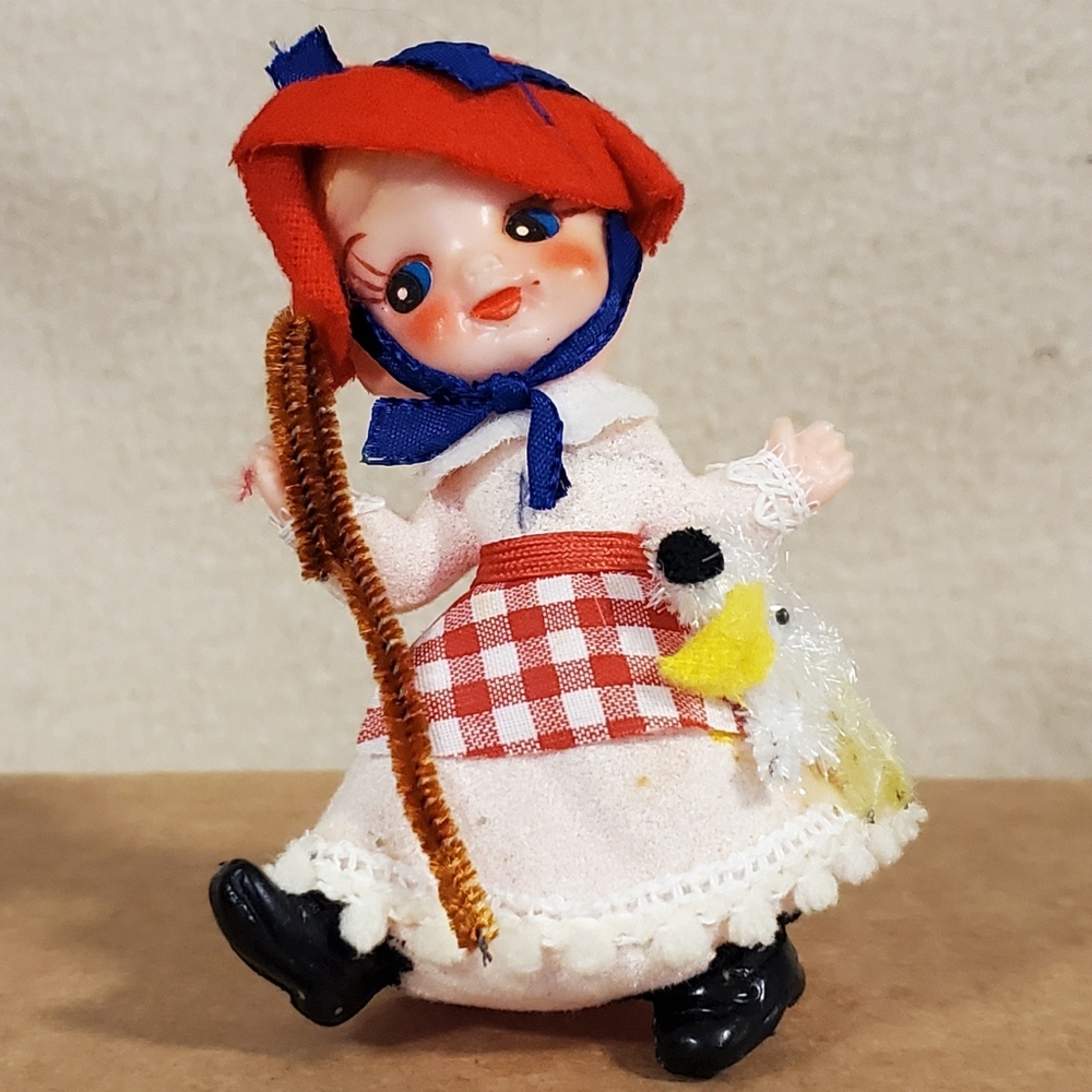 Vintage Flocked Plastic Face Little Bo Peep/Mary had a Little Lamb Ornament